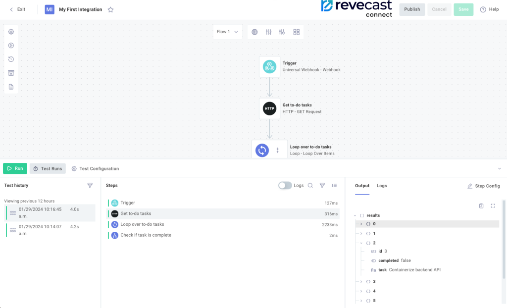 Screenshot showing an example configuration setup for Revecast Connect, highlighting various Test Configuration settings and options available for customizing the testing of your integrations. 