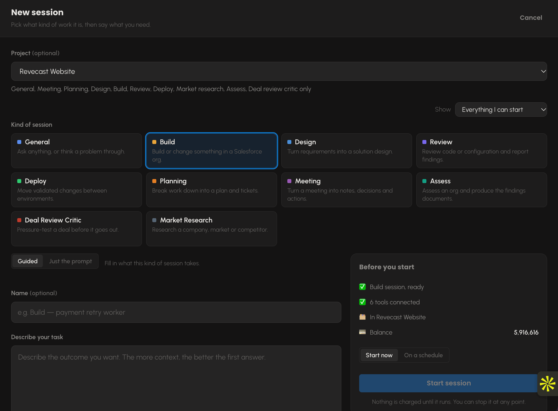 Orchestrate session picker showing Before you start governance panel with session ready and tools connected