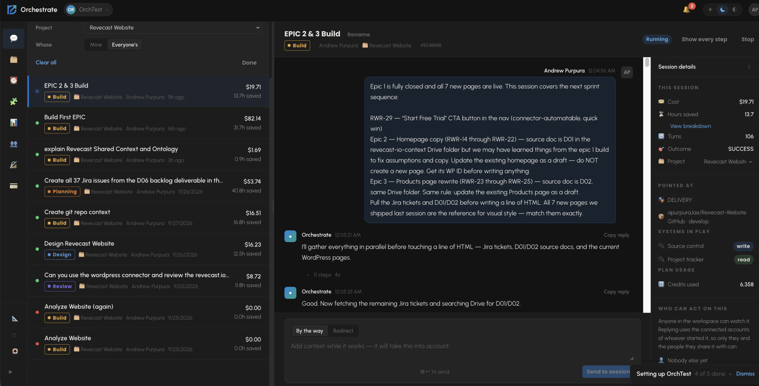 Revecast Orchestrate session interface