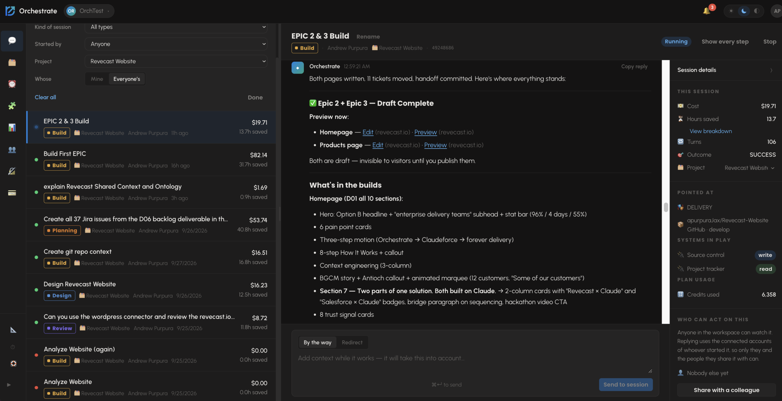 Completed Revecast Orchestrate session — success state, $19.71 cost, 13.7 hours saved
