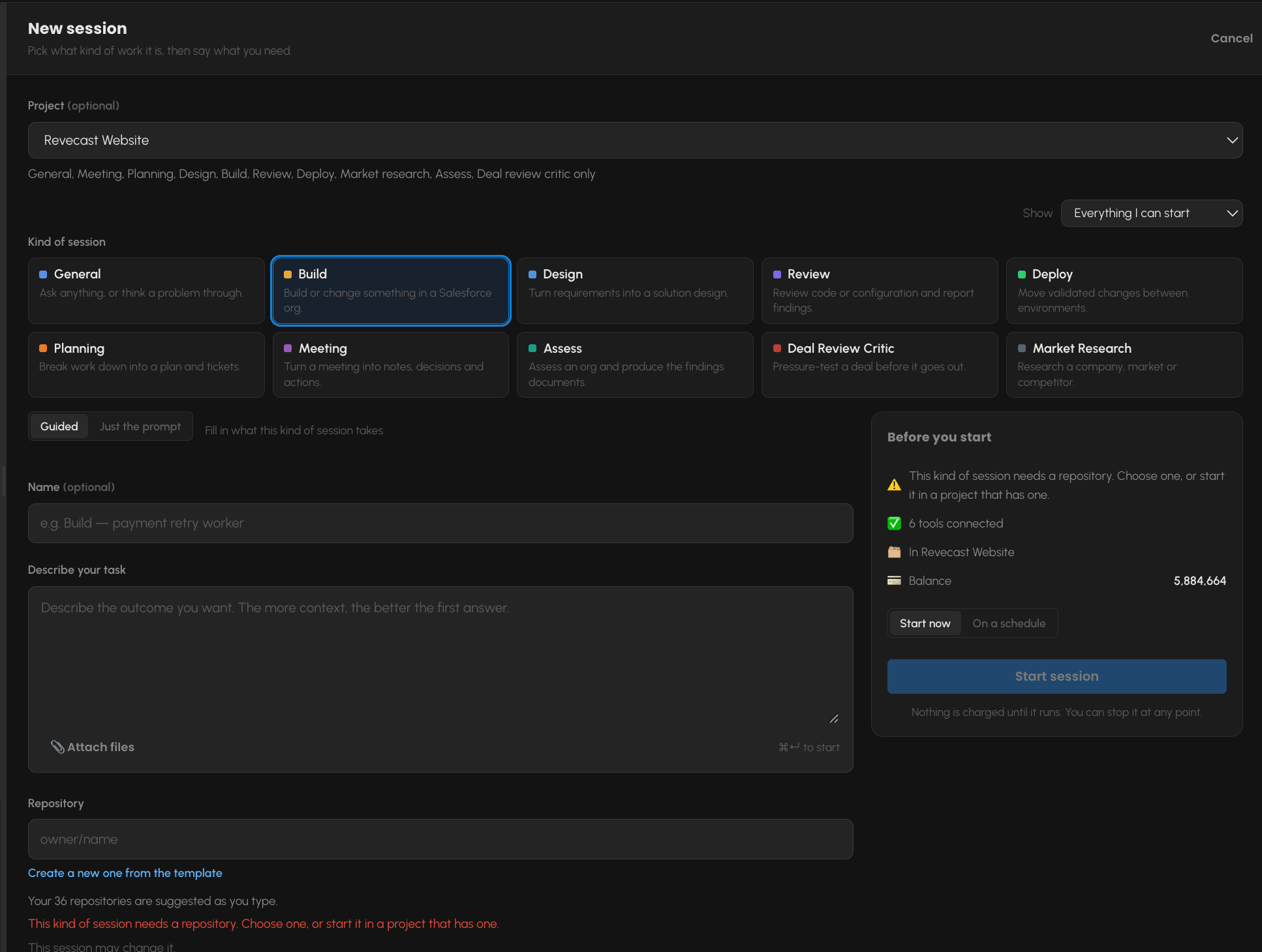 14 session types — Revecast Orchestrate session picker